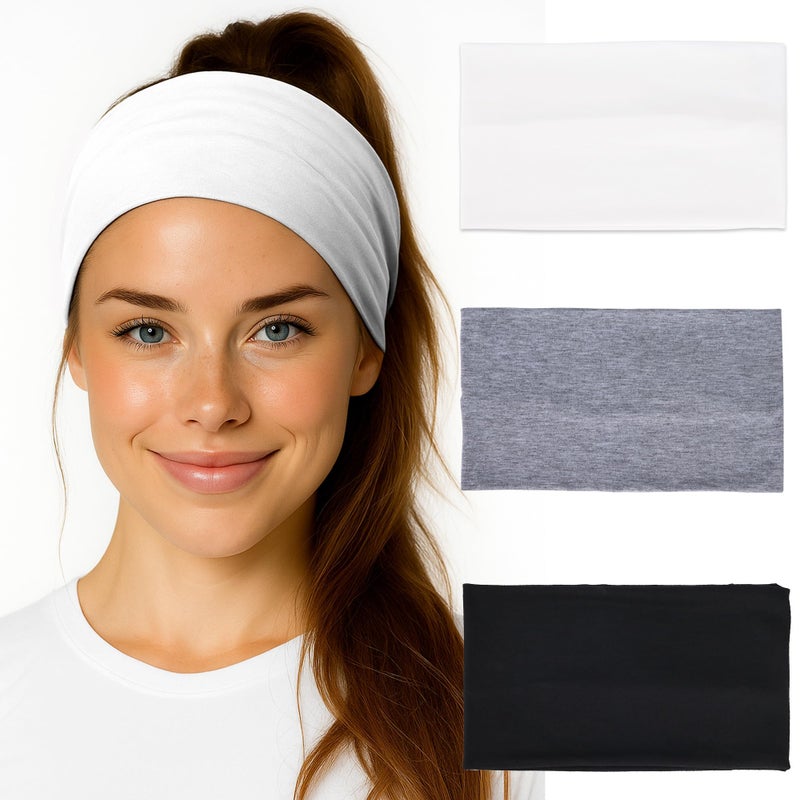 QUELIEN Wide Headbands for Women 3 Pack â€“ Soft Stretch Cloth Hair Bands for Workout, Yoga, Skincare & Daily Wear â€“ Thick Non Slip Headbands in Black, White & Gray, Comfortable Hair Accessories for Women - Image 1