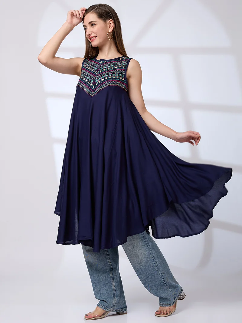 globus Women Embroidered Yoke Asymmetric Hem A-Line Fusion Kurta