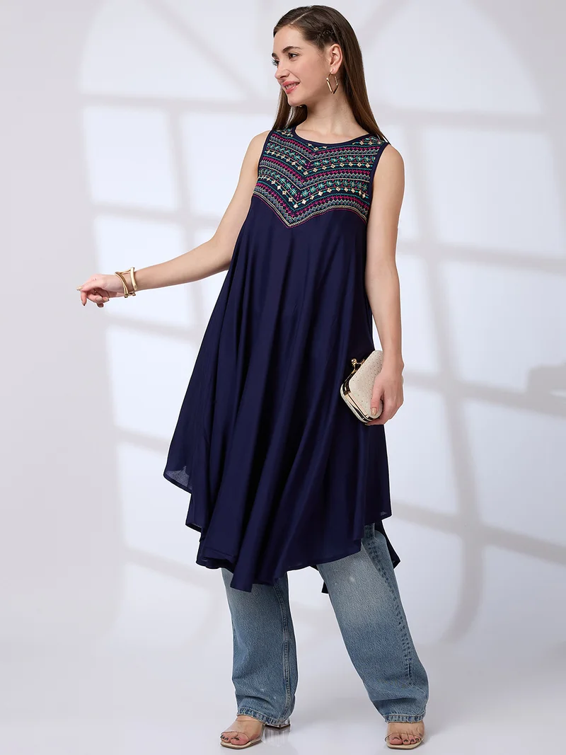 globus Women Embroidered Yoke Asymmetric Hem A-Line Fusion Kurta