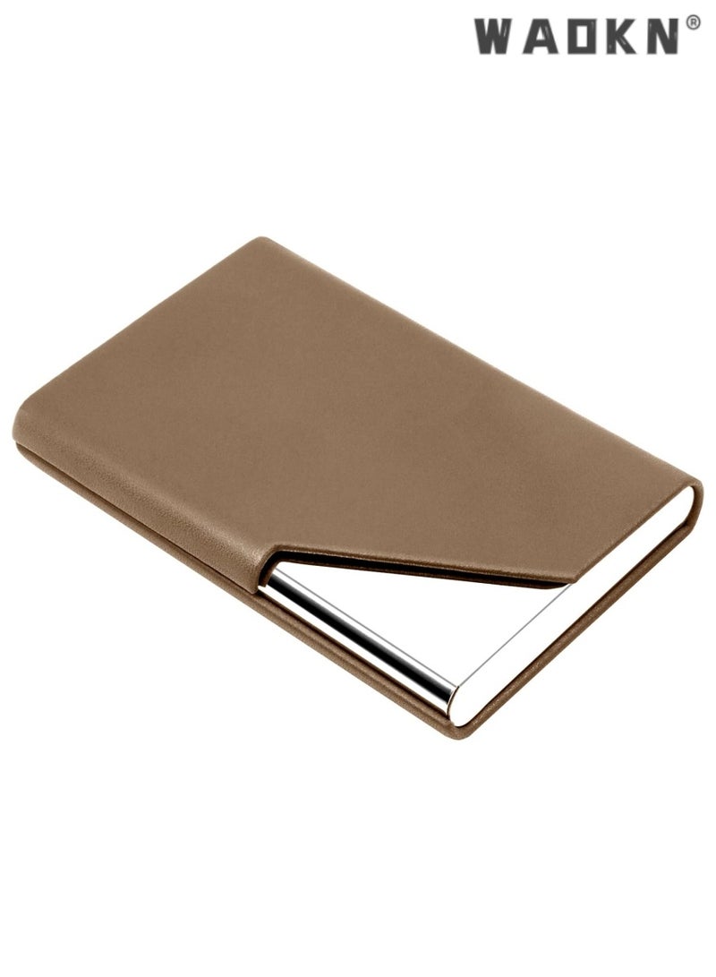 WAOKN Business Name Card Holder Luxury Leather & Stainless Steel Multi Card Case,Business Name Card Holder Wallet Credit Card ID Case/Holder for Men & Women - Keep Your Business Cards Clean（Brown）  - Image 1