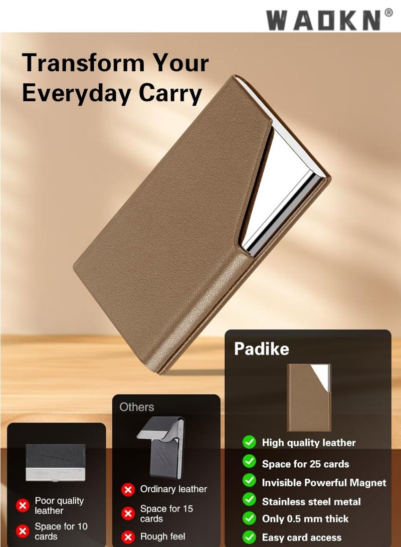 WAOKN Business Name Card Holder Luxury Leather & Stainless Steel Multi Card Case,Business Name Card Holder Wallet Credit Card ID Case/Holder for Men & Women - Keep Your Business Cards Clean（Brown）  - Image 2