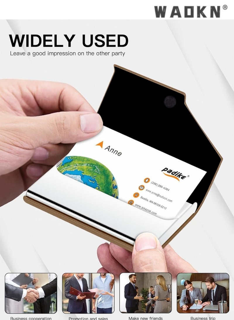 WAOKN Business Name Card Holder Luxury Leather & Stainless Steel Multi Card Case,Business Name Card Holder Wallet Credit Card ID Case/Holder for Men & Women - Keep Your Business Cards Clean（Brown）  - Image 4