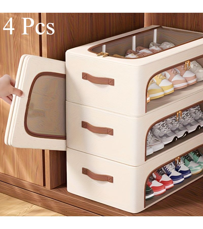 4pcs Stackable Storage Boxes With Lid And Front Door Access For Shoes Books Shoes - Image 1