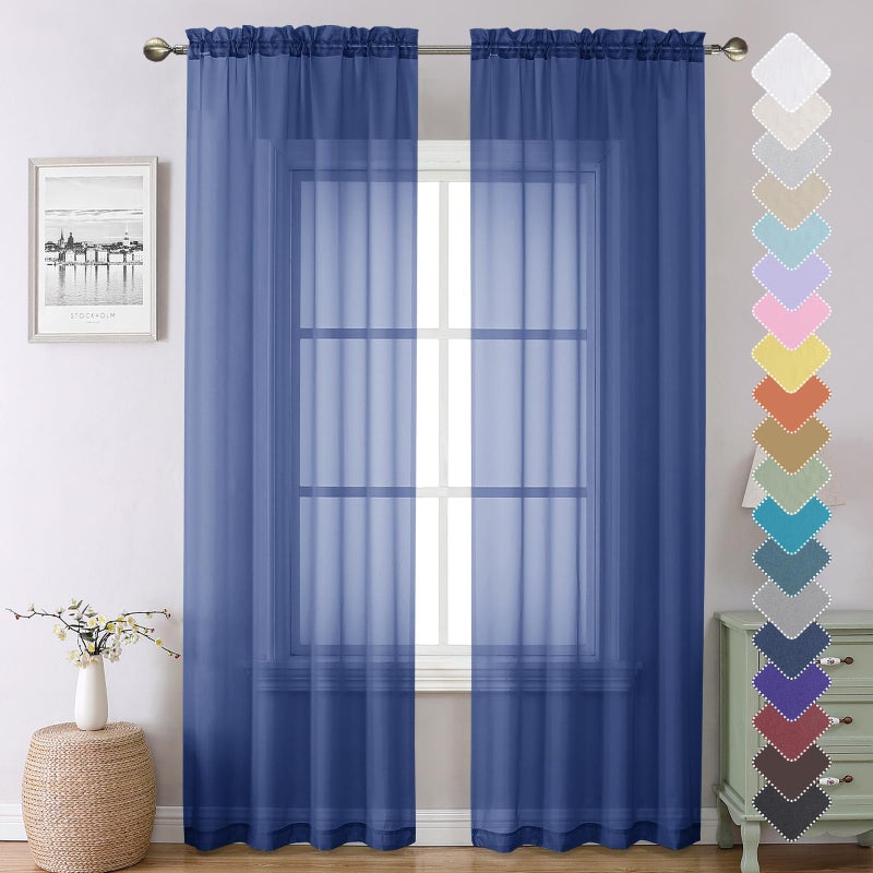 Lecloud Royal Blue Sheer Curtains 45 Inch Length 2 Panels  Voile Rod Pocket Curtain Drapes for Small Windows  Modern Farmhouse Curtains for Bedroom Bathroom Basement  Each Panel 42 X 45 Inch - Image 3