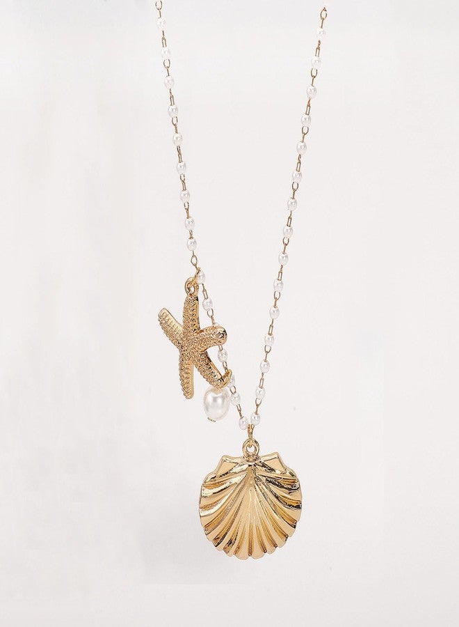 MIFYNN قلادة نجم البحر الذهبية للنساء، قلادة من اللؤلؤ والصدف، قلادات نجم البحر المزينة بالخرز، مجوهرات صيفية للشاطئ وركوب الأمواج، هدايا للنساء (أ). - Image 5