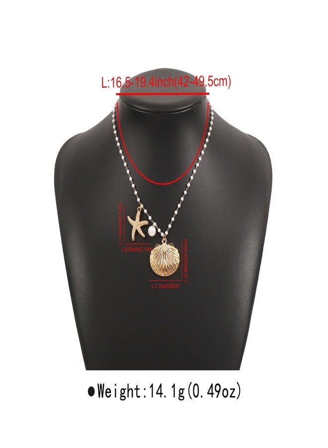 MIFYNN قلادة نجم البحر الذهبية للنساء، قلادة من اللؤلؤ والصدف، قلادات نجم البحر المزينة بالخرز، مجوهرات صيفية للشاطئ وركوب الأمواج، هدايا للنساء (أ). - Image 4