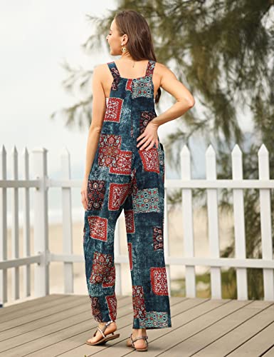 Himosyber Women's Patchwork Dual Pocket Jumpsuit Loose Floral Print Bohemian Wide Leg Bib Overall (#1TealBlue, S) - Image 5