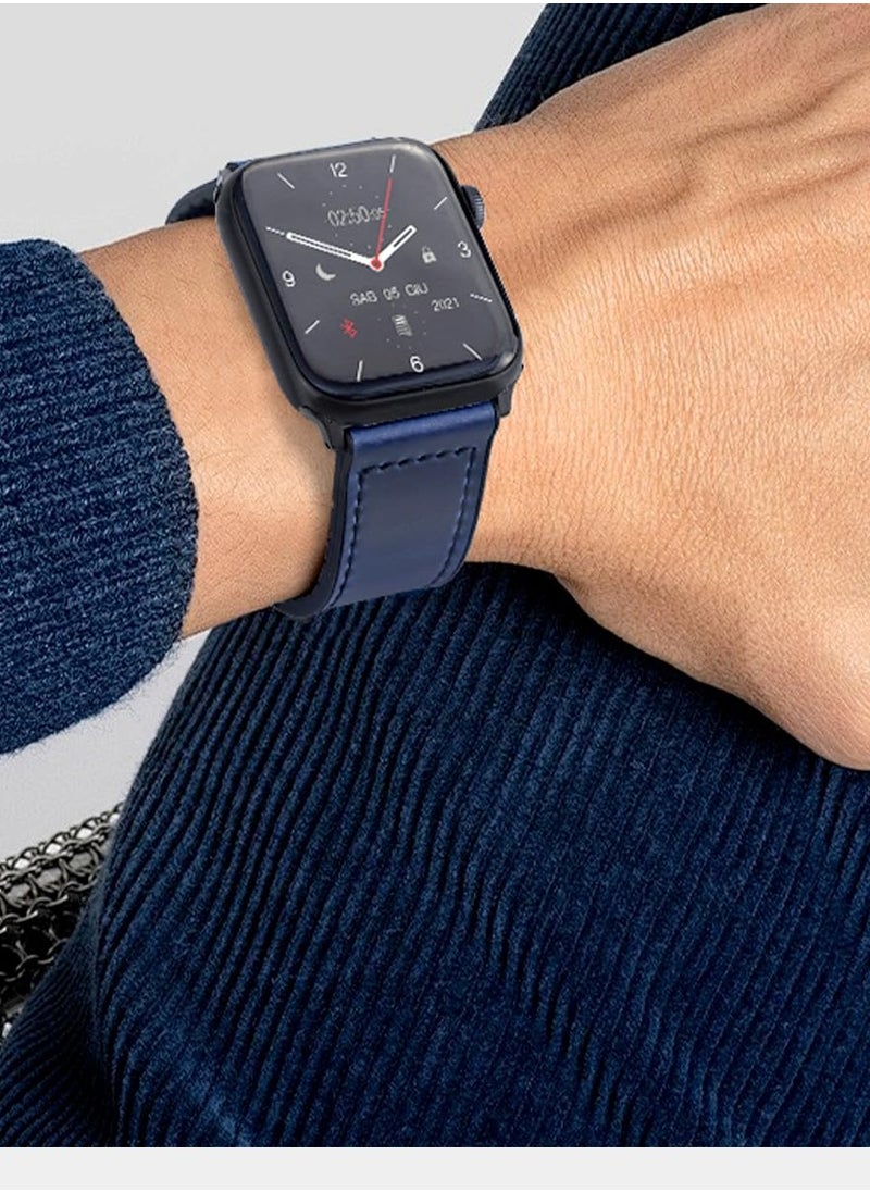 Generic - Genuine Leather Magnetic Watch Band for Apple Watch Ultra 49mm/45mm/44mm/42mm, Stylish Blue Strap Compatible with Series 2/9/8/7 - Image 1