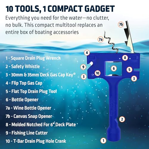 Boat Gadget 10-in-1 Boat Tool, Blue - Must-Have Boat Accessory with Gas Cap Key, Fishing Line Cutter, Bottle Opener, Whistle & More - Smart Addition to Any Boat Tool Kit for Fishing, Boating & Fun - Image 2