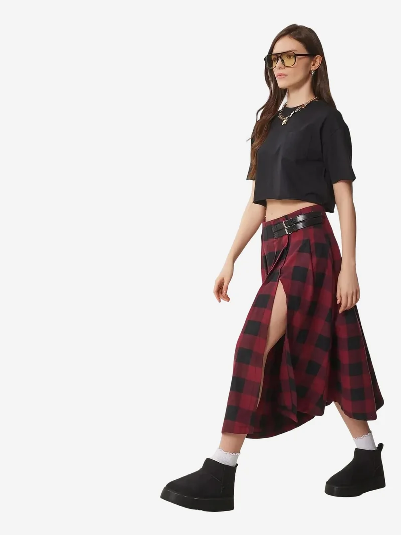 إسطنبول الساحرة ISTANBUL Belt Detailed High Waist Long Plaid Skirt
