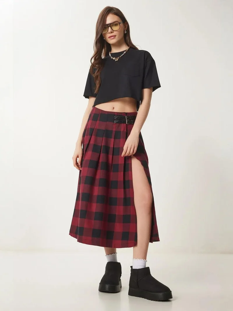 إسطنبول الساحرة ISTANBUL Belt Detailed High Waist Long Plaid Skirt