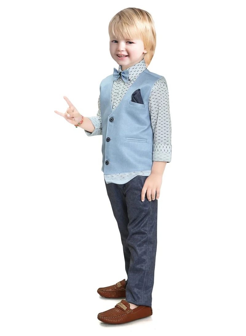 babyqlo Gentleman 4 piece Kids Boys printed Shirt solid pattern Pant waist coat with bow tie set