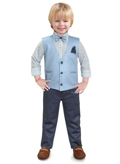 بيبي كلو Gentleman 4 piece Kids Boys printed Shirt solid pattern Pant waist coat with bow tie set