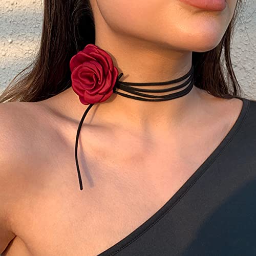 Asphire Artificial Flower Choker Necklace Long Wrap Suede Necklace Vintage Large Flower Collar Tie Necklace Prom Party Statement Accessories for Women Burgundy - Image 3