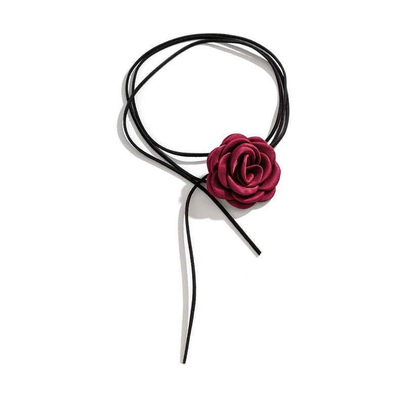 Asphire Artificial Flower Choker Necklace Long Wrap Suede Necklace Vintage Large Flower Collar Tie Necklace Prom Party Statement Accessories for Women Burgundy - Image 2
