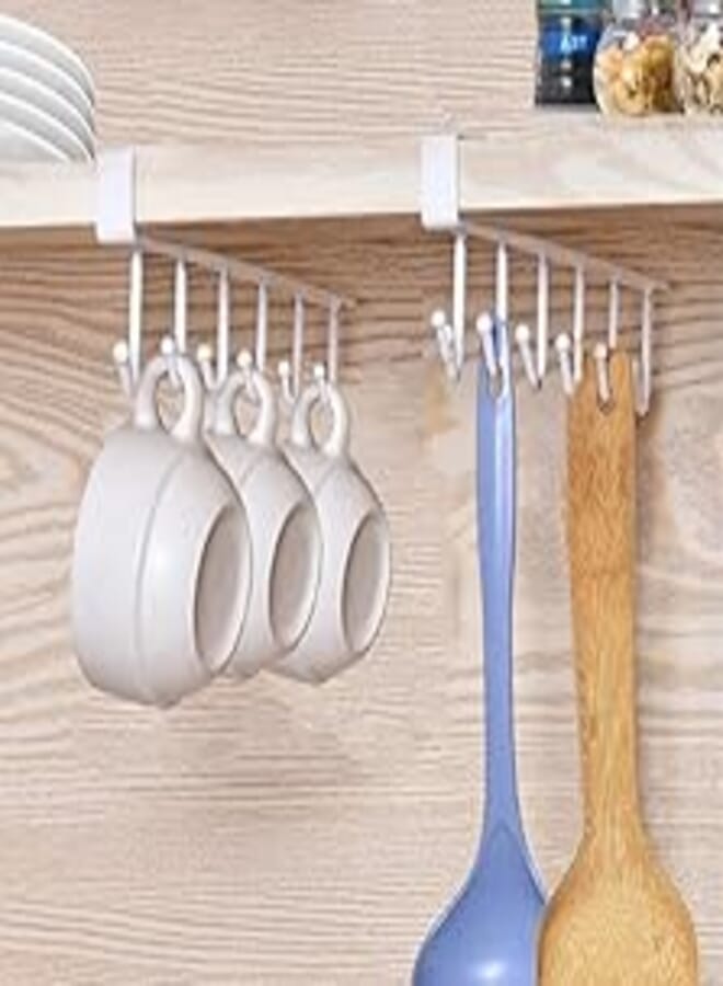 2 Pieces Mug and Mug Holder Screwless Hanging - 6 Hooks for Kitchen Cabinet Under Shelf - White