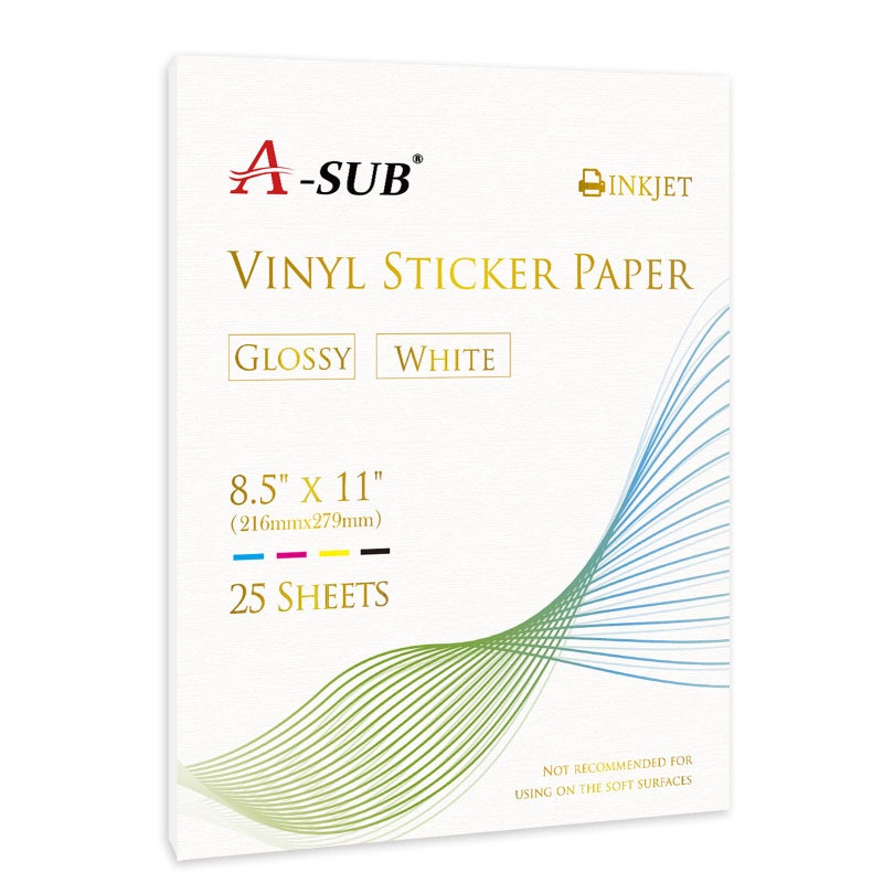 A-SUB 25 Sheets Vinyl Sticker Paper for Inkjet Printer - Glossy Printable Vinyl 8.5x11 Inch Waterproof Sticker Paper for DIY Any Decal You Like - Image 1