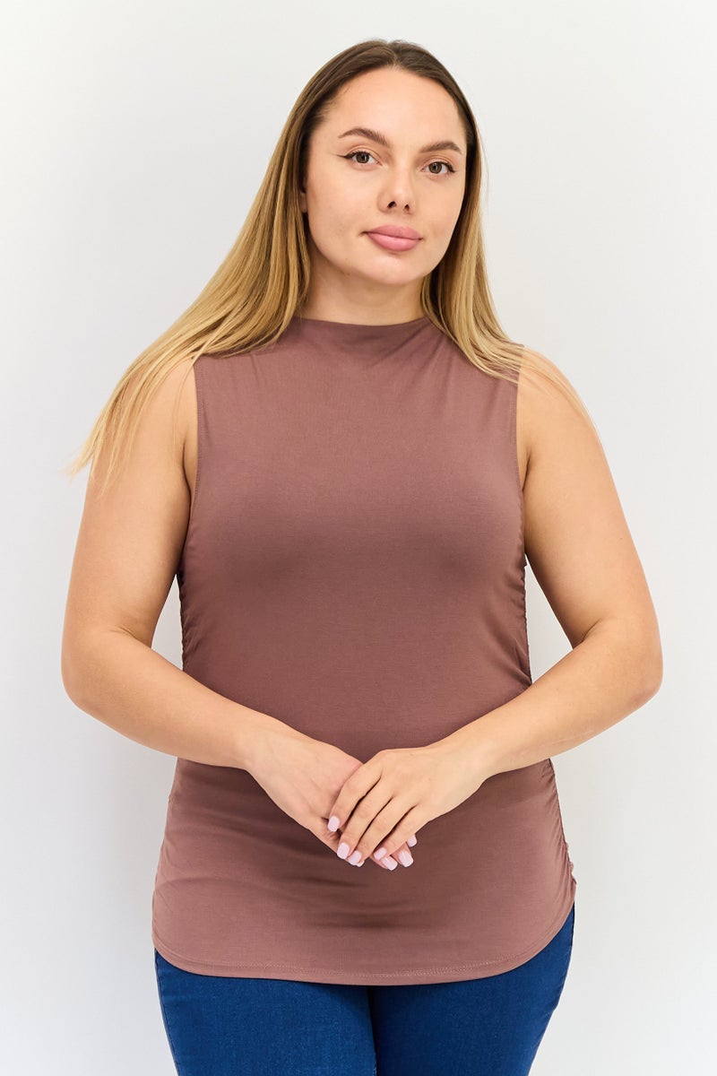 bebe Women Round Neck Sleeveless Solid Tank Top, Brown  - Image 1