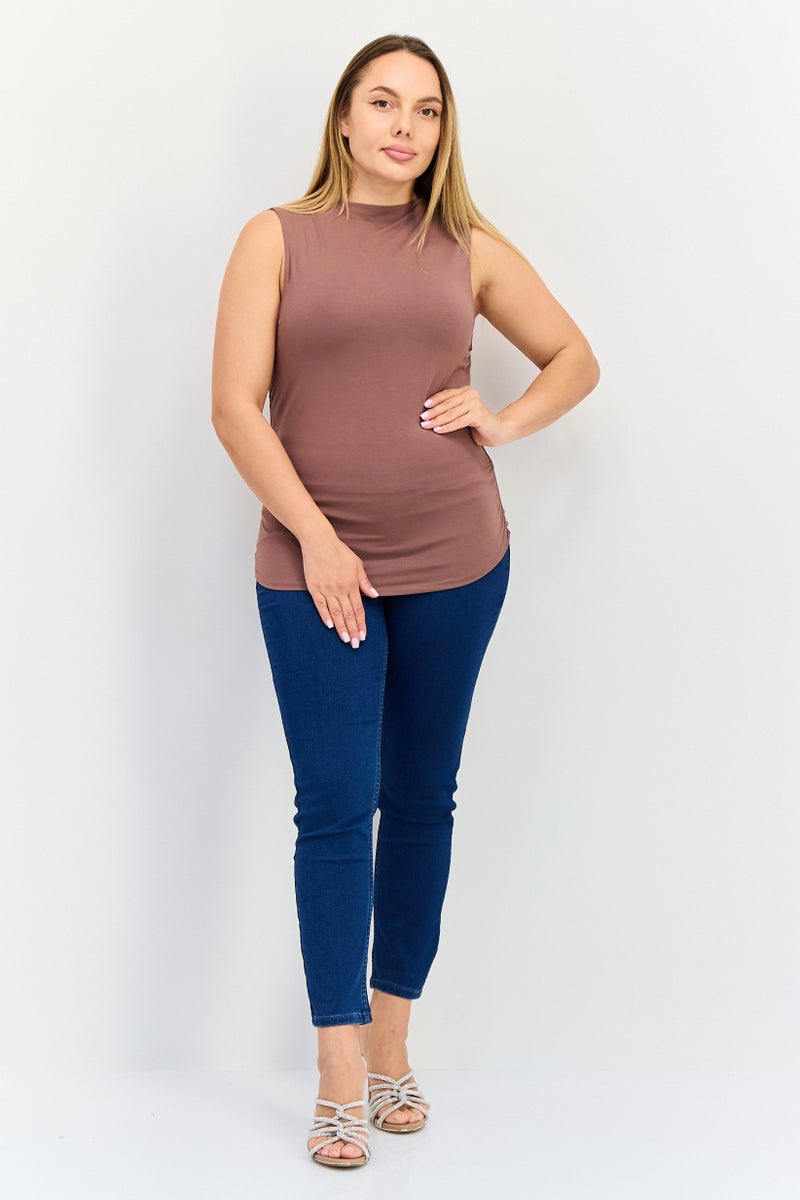 bebe Women Round Neck Sleeveless Solid Tank Top, Brown  - Image 3
