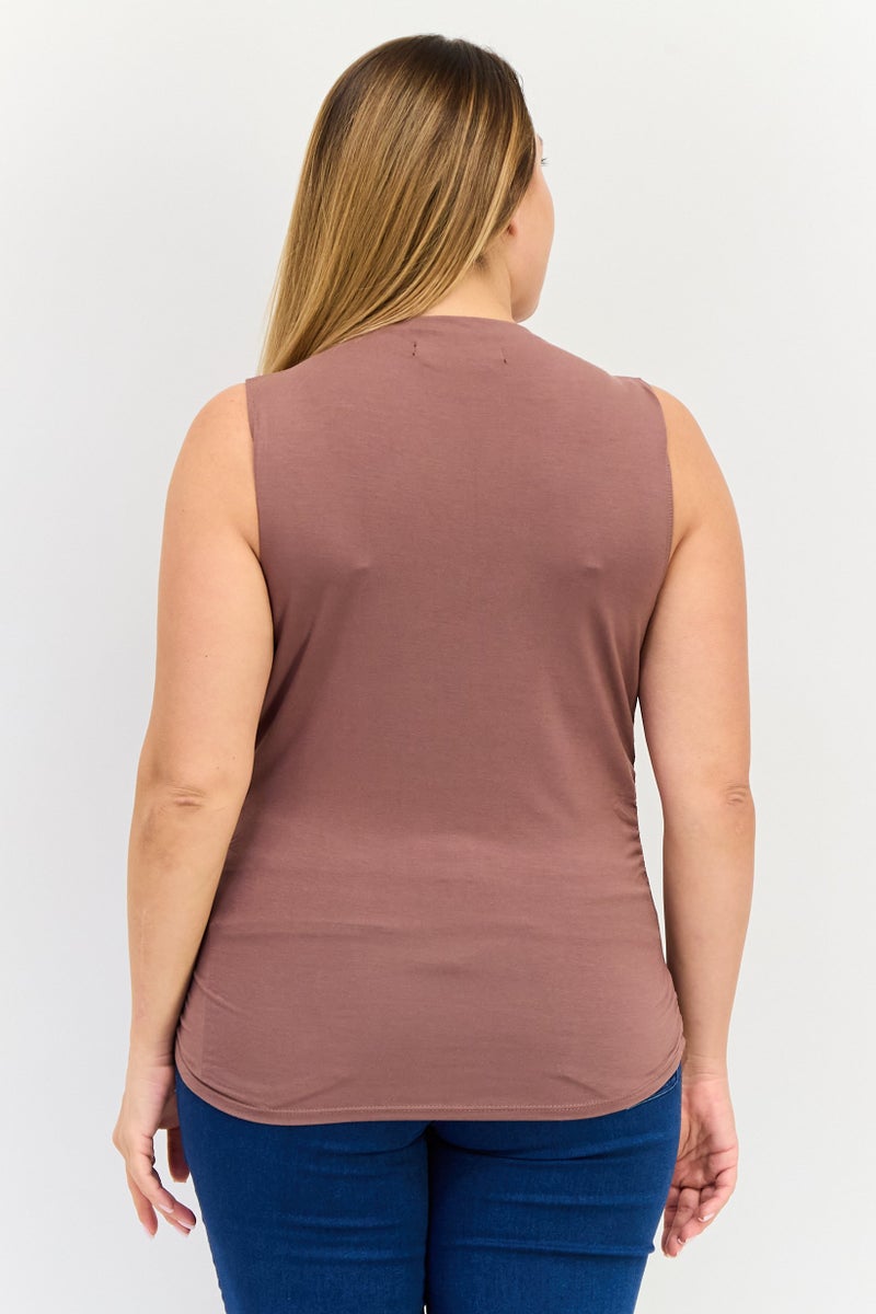 bebe Women Round Neck Sleeveless Solid Tank Top, Brown  - Image 4