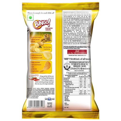 Bingo! Original Style Chilli Sprinkled - Flat Cut Spicy Potato Chips Pack for Snacks, 90g/85gram/90.7G(Weight may vary) - Image 2