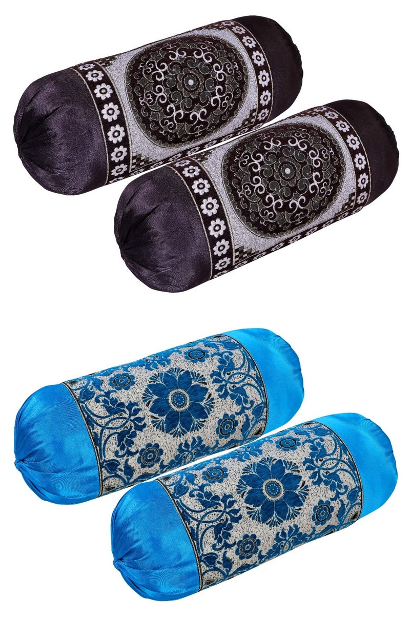 HSR Collection Premium Chennile Luxury Bolster Cover, Coffee & Blue - 4 Pieces - Image 1