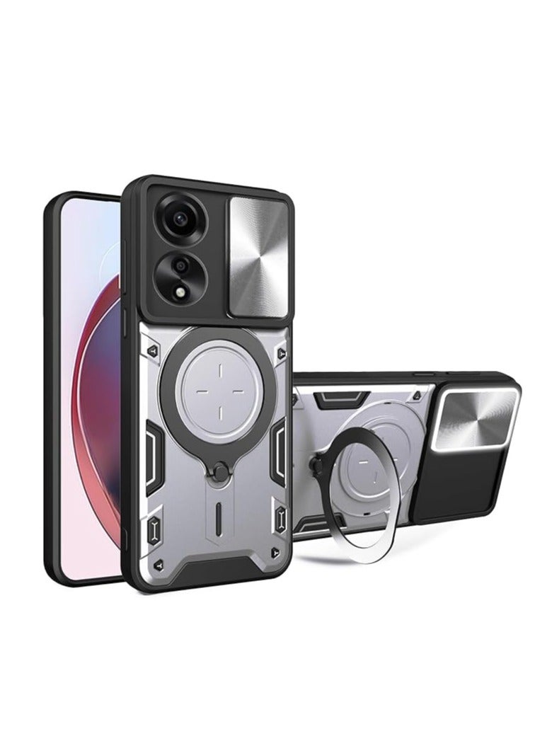 غطاء الهاتف متوافق مع Oppo A78 4G ويحتوي على علبة كاميرا قابلة للانزلاق، وحماية عسكرية من السقوط، وحلقة، وإطار بولي كربونات صلب مقاوم للصدمات.