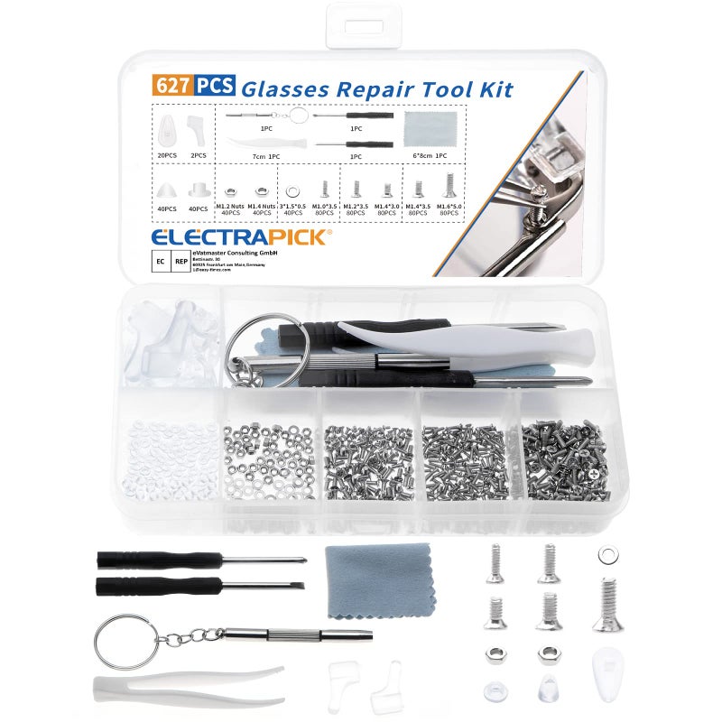 ELECTRAPICK 627Pcs Eyeglasss Sunglass Glasses Repair Tool Kit Set, Spectacles Repair Kit with Mini Screwdriver, Screws Nut, Silicone Nose Pads, Glasses Cloth, Tweezer Assortment Repair Tool Set - Image 1