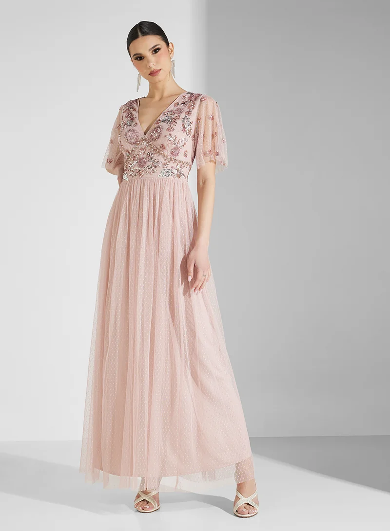 Maya Contrast Embellished V Neck Spot Mesh Maxi Dress
