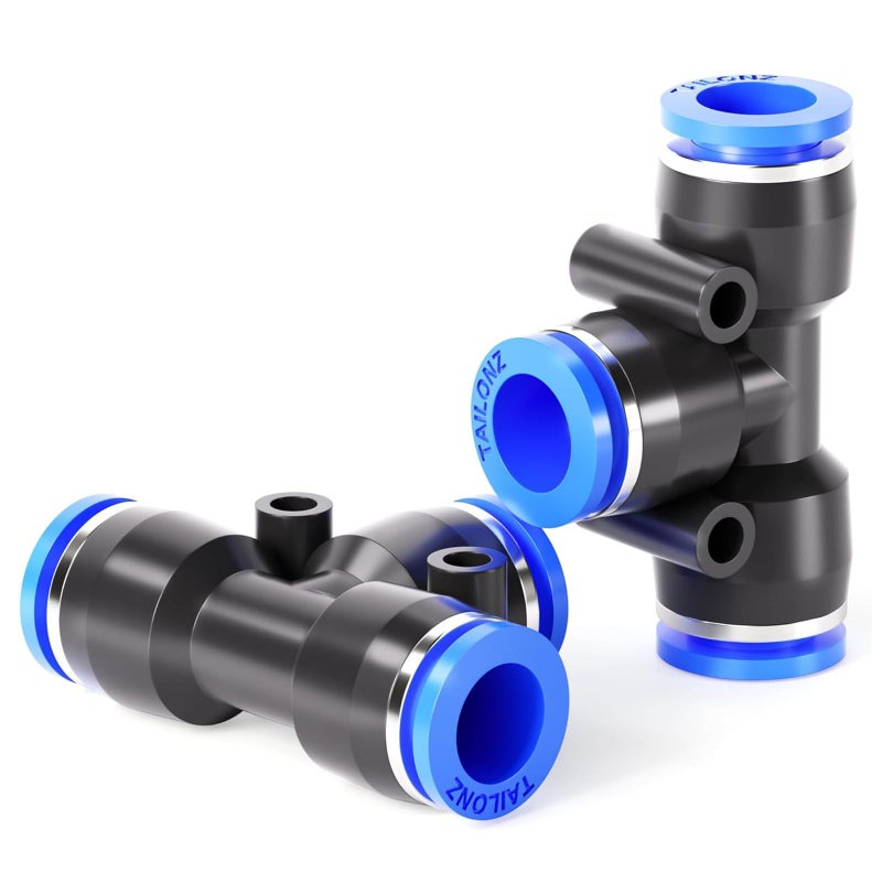 TAILONZ PNEUMATIC Blue Tee 3 Ways - 6MM Tube OD Push to Connect Tube Quick Fittings Push Lock PE-6 (Pack of 10)
