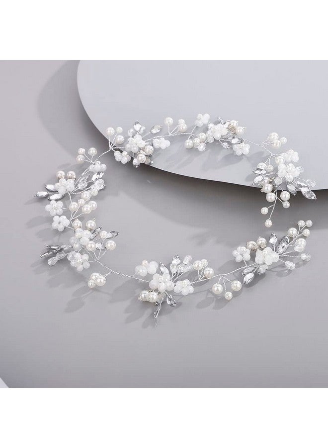 Chargances Bridal Long Rhinestone Pearl Hair Vine Wedding Flower Beaded Headband Silver Crystal Fashion Bride Hair Vine Wedding Prom Flower Girl Hair Accessories For Women And Girls - Image 1