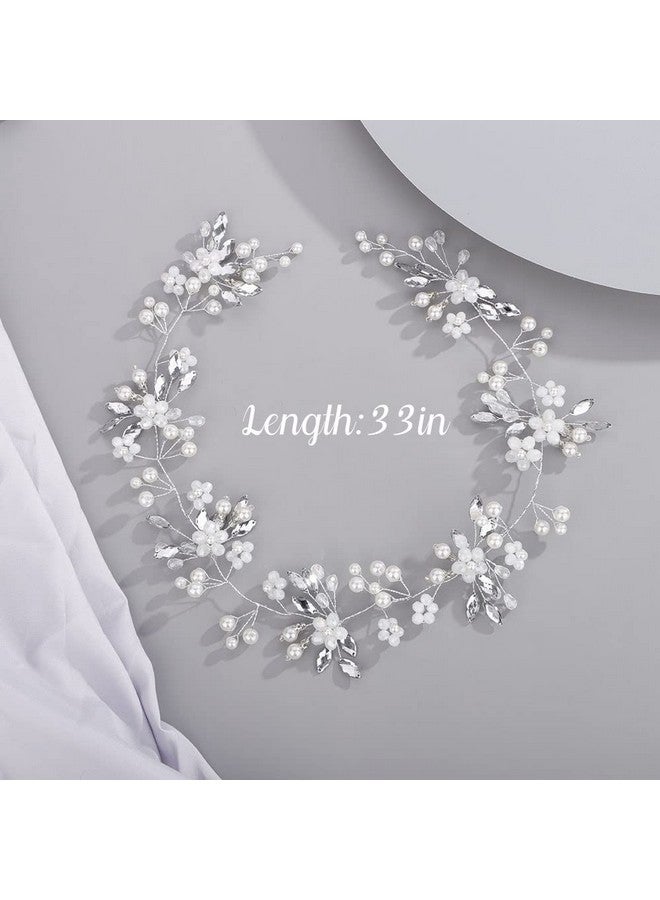 Chargances Bridal Long Rhinestone Pearl Hair Vine Wedding Flower Beaded Headband Silver Crystal Fashion Bride Hair Vine Wedding Prom Flower Girl Hair Accessories For Women And Girls - Image 2