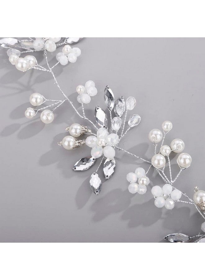 Chargances Bridal Long Rhinestone Pearl Hair Vine Wedding Flower Beaded Headband Silver Crystal Fashion Bride Hair Vine Wedding Prom Flower Girl Hair Accessories For Women And Girls - Image 3