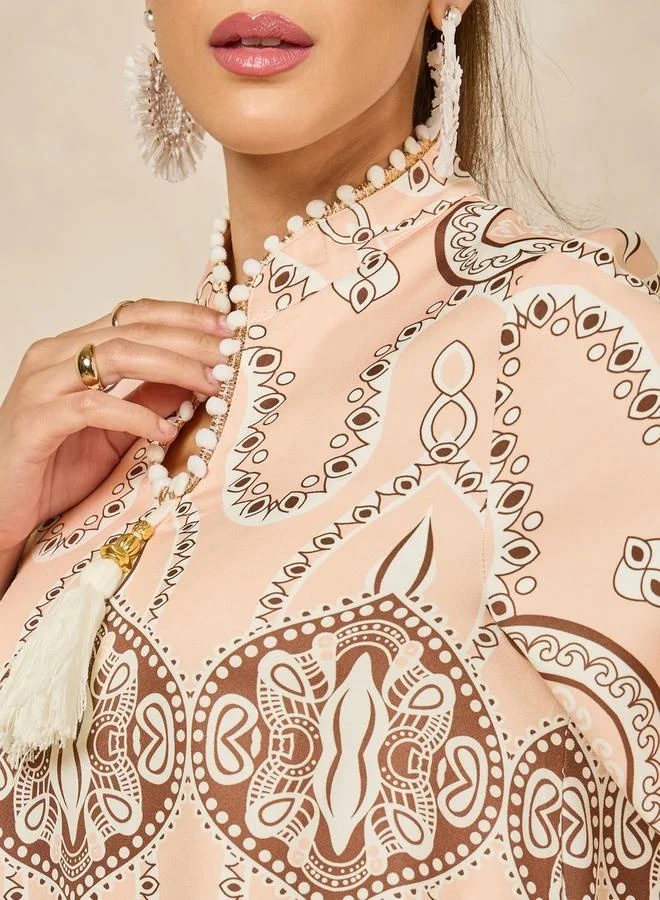 Styli All-Over Print Embroidered Stand Collar A-Line Jalabiya