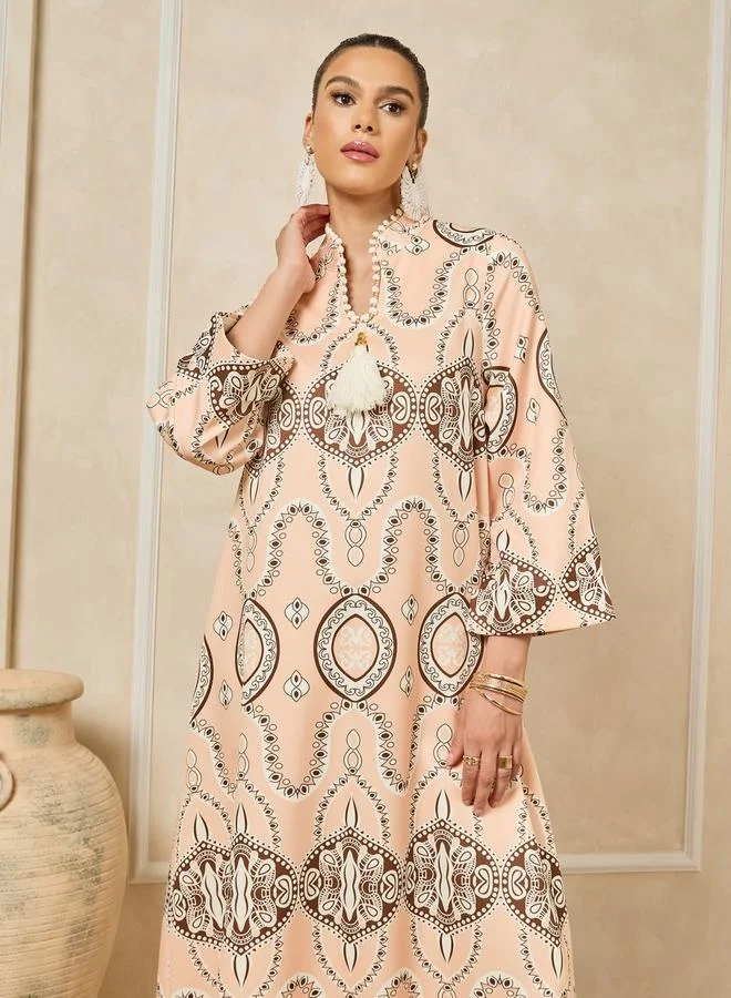 Styli All-Over Print Embroidered Stand Collar A-Line Jalabiya
