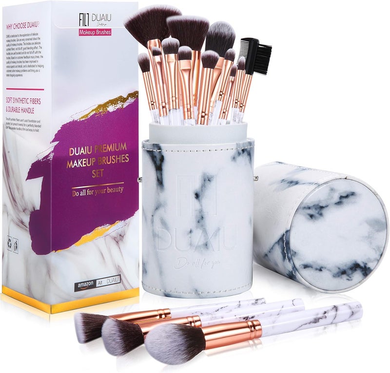 DUAIU Makeup Brushes Set Make Up Brushes Professional 15Pcs Marble Makeup Brush Set for Foundation Powder Concealers and Eyeshadow with Exquisite Marble Bucket Gift Box