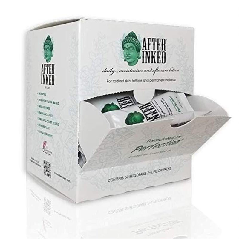 لوسيون العناية بالتاتو After Inked – بلسم مرطب للتاتو، كما هو موضح في INK MASTER – كريم مرطب مع زيت بذور العنب، تغذية البشرة والصيانة اليومية، عبوة وسادة قابلة للإغلاق (50 عبوة)، 7 مل