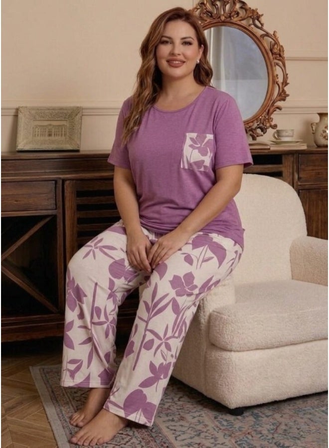 بيجامة حريمي صيفي قطن - تيشيرت بجيب وبنطلون مشجرمقاسات خاصة (بيج سايز) - Image 3