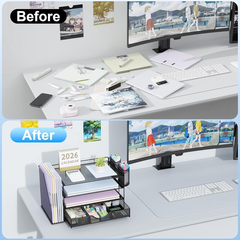 gianotter 4-Tier Desk Organizer with Drawers, File Holders, Letter Trays, and Pen Holders - Workspace Accessories for Office Supplies (Black) - Image 2