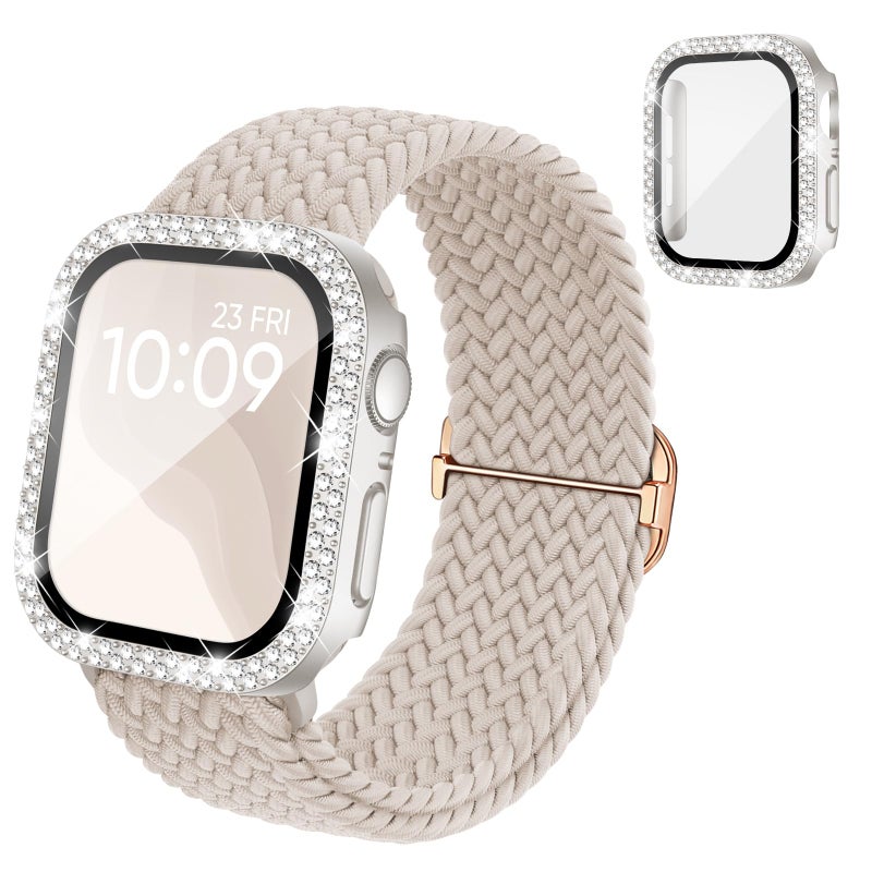 Knossen Braided Stretchy Band Compatible for Apple Watch Bands for Women and Case 40mm 41mm 42mm 44mm 45mm 46mm, Solace Solo Loop Bling Diamond Screen Protector Cover for iWatch Series 11 10 9 8 7 SE 6 5 4 - Image 1