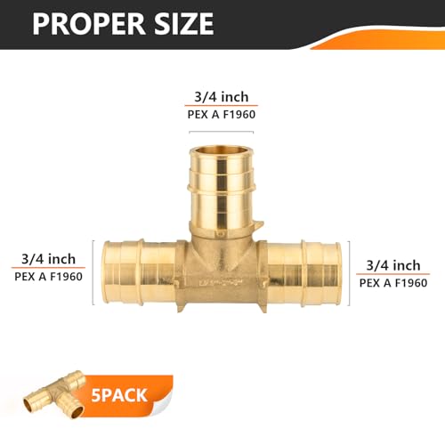 HeSun 5Pack HeSun 34 Inch Brass PEXA Expansion Fitting Tee 34x34x34 PEXA Tee ASTM F1960PEX19600435 - Image 3