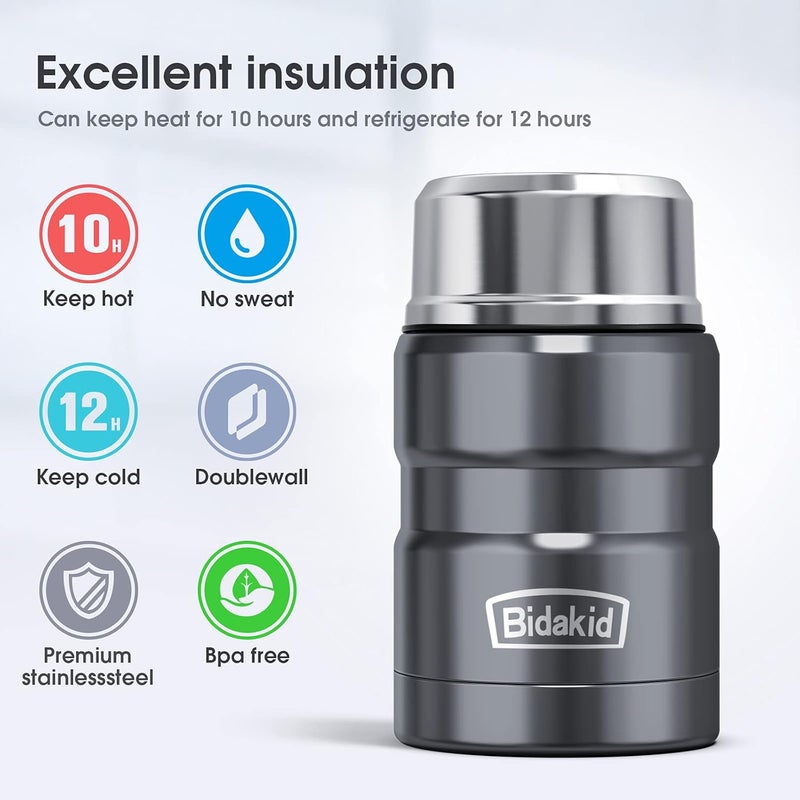 Bidakid Insulated Food Jar Set – 25.4oz & 17oz Stainless Steel Containers with Folding Spoon and Carrying Bags – Leak-Proof, Keeps Food Hot or Cold for up to 12 Hours – Ideal for Work, School, Travel - Image 2
