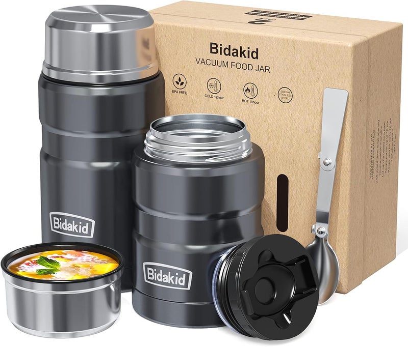 Bidakid Insulated Food Jar Set – 25.4oz & 17oz Stainless Steel Containers with Folding Spoon and Carrying Bags – Leak-Proof, Keeps Food Hot or Cold for up to 12 Hours – Ideal for Work, School, Travel - Image 1
