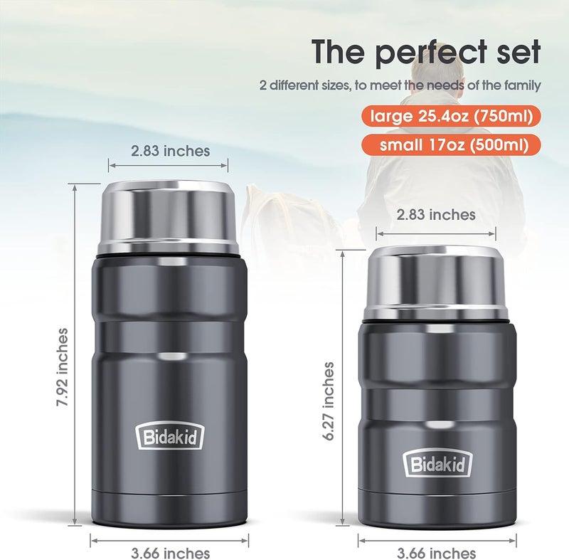 Bidakid Insulated Food Jar Set – 25.4oz & 17oz Stainless Steel Containers with Folding Spoon and Carrying Bags – Leak-Proof, Keeps Food Hot or Cold for up to 12 Hours – Ideal for Work, School, Travel - Image 5