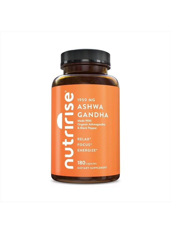 NUTRIRISE Organic Ashwagandha Root Capsules with Black Pepper 1950mg, Natural Stress & Mood, Thyroid & Immune Support Supplement, Sleep Aid, Nootropic for Focus & Energy, Gluten Free, 180 Count - Image 1