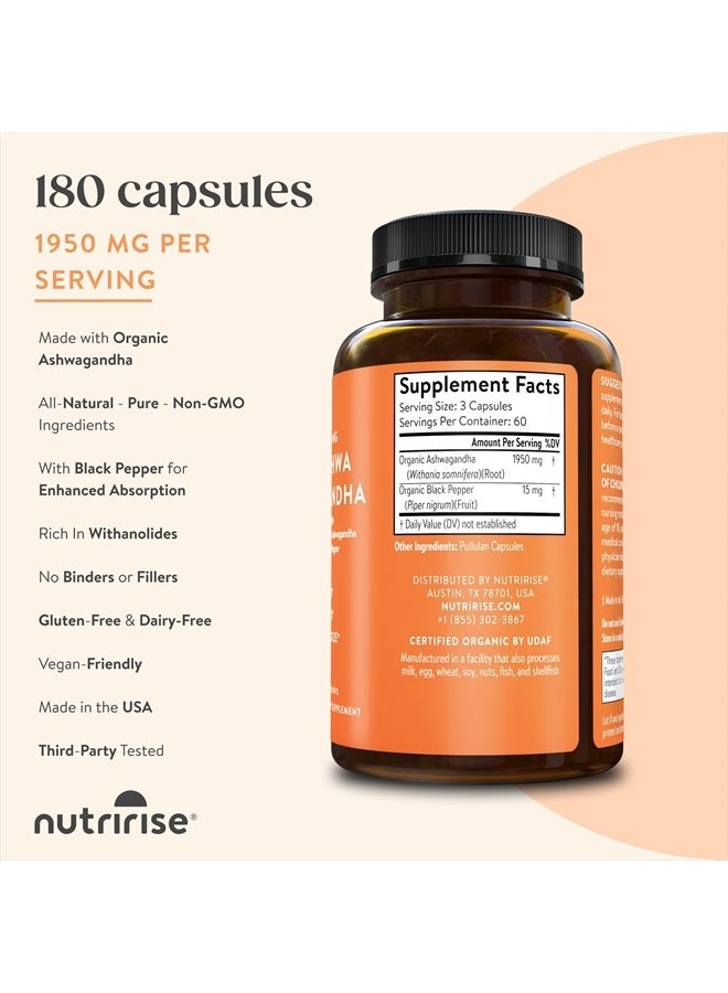 NUTRIRISE Organic Ashwagandha Root Capsules with Black Pepper 1950mg, Natural Stress & Mood, Thyroid & Immune Support Supplement, Sleep Aid, Nootropic for Focus & Energy, Gluten Free, 180 Count - Image 3