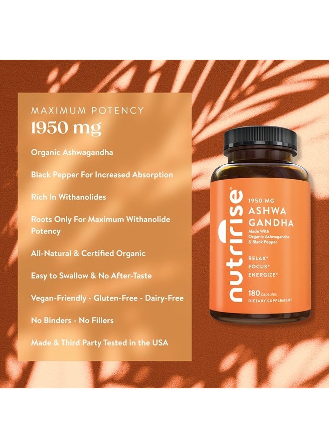 NUTRIRISE Organic Ashwagandha Root Capsules with Black Pepper 1950mg, Natural Stress & Mood, Thyroid & Immune Support Supplement, Sleep Aid, Nootropic for Focus & Energy, Gluten Free, 180 Count - Image 5
