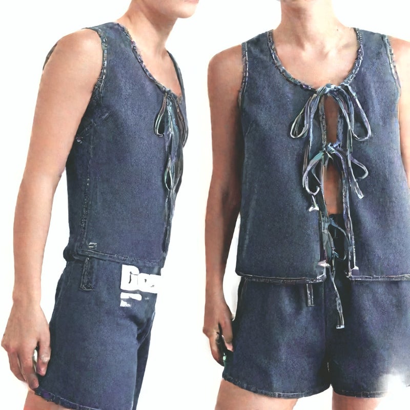 سترة جينز نسائية وشورت عالي الخصر مع رباط، بلا أكمام، طقم كاجوال - Image 5