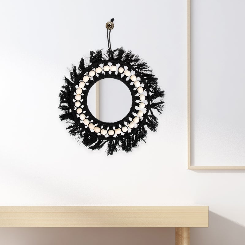 2pcs Black Handmade Tapestry Mirror with Wood Beads Decor Makeup Decorations Home Supplies - Image 3