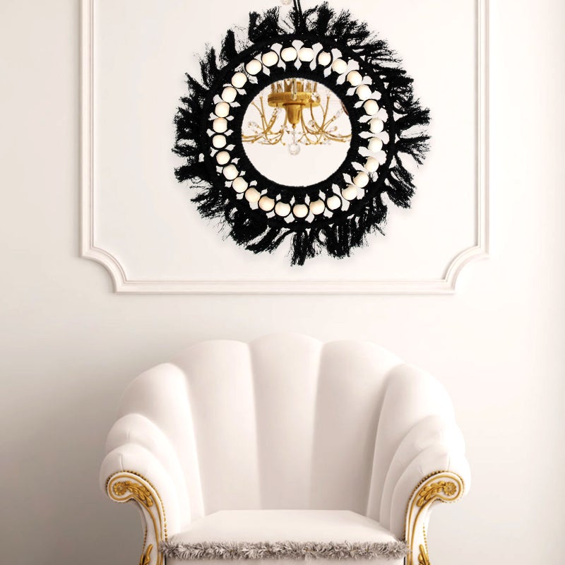 2pcs Black Handmade Tapestry Mirror with Wood Beads Decor Makeup Decorations Home Supplies - Image 5